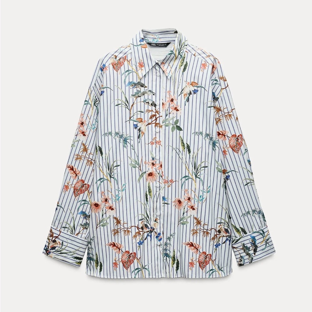 Zara Poplin Shirt with Bird Print Size Small - Picture 3 of 8